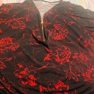 Avenue Black Top with Red Floral Zip-Neck